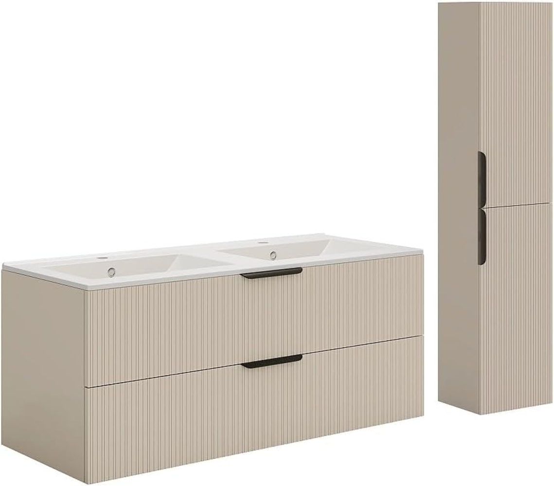 Vente-unique - Hängeschrank mit Riffeloptik für Einbauwaschbecken und Hochschrank - Beige - 120 cm - DALIKO Bild 1
