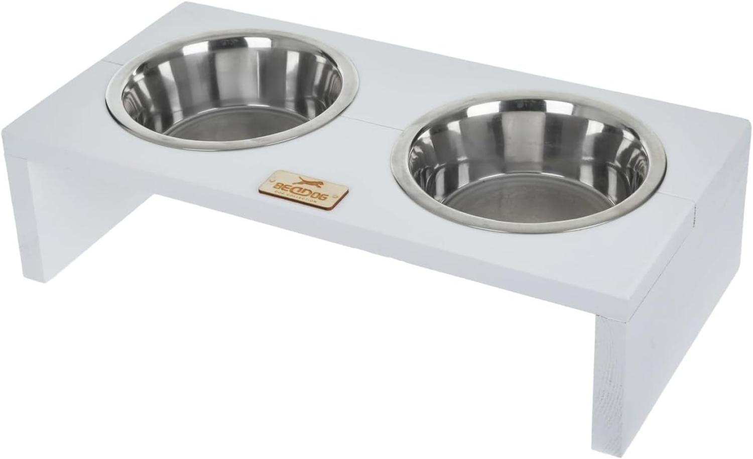 BedDog Hundenapf Duo mit Edelstahl-Schüsseln, erhöhter Doppel-Fressnapf, Hundebar, Katzennapf, Futterstation, 2x 1.6L, WHITE (weiß) Bild 1