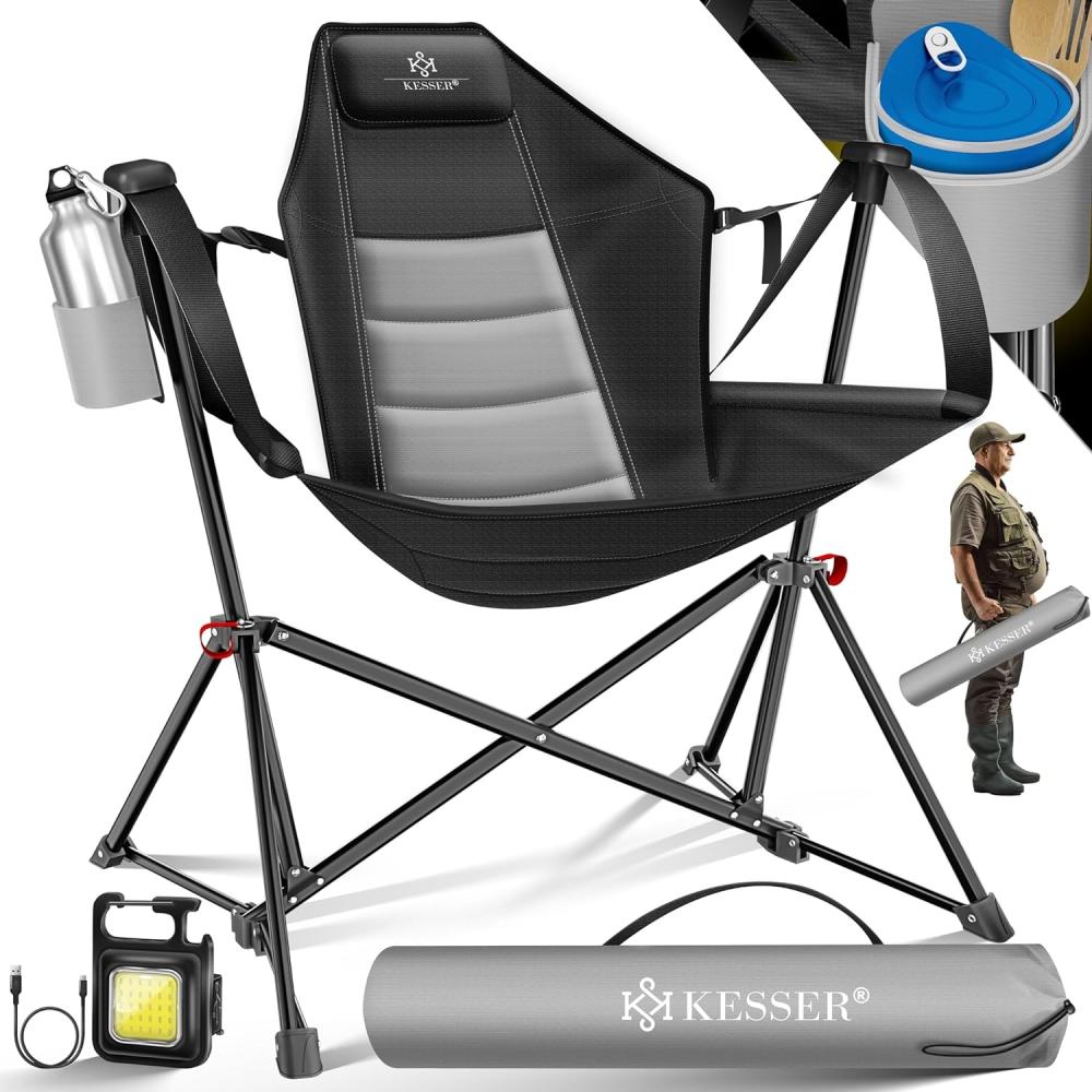 KESSER® Campingstuhl faltbar bis 160 kg | Angelstuhl Faltstuhl Klappstuhl Gepolstert mit Armlehnen | Campinglicht und Getränkehalter + Tasche mit hoher Rückenlehne | Strandstuhl mit Wippfunktion Grau / Schwarz Bild 1