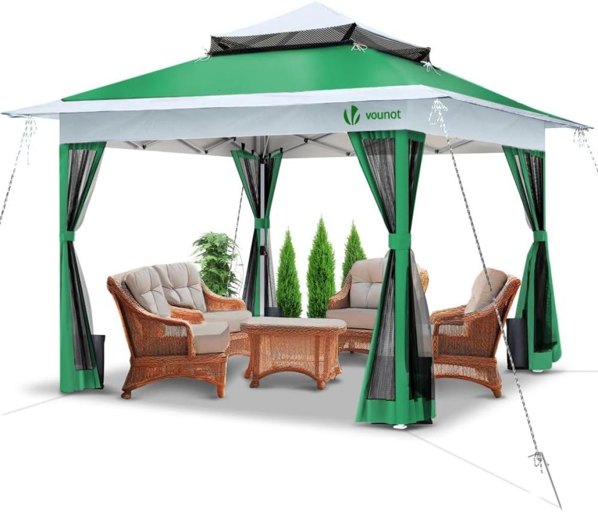 VOUNOT Pavillon Faltbar 3,6x3,6m, Pop Up Partyzelt mit Mesh Sides & Doppeldach, Faltpavillon Stabil mit Bein Gewichte & Roller Bag, Gartenpavillon Gartenzelt Grün Bild 1