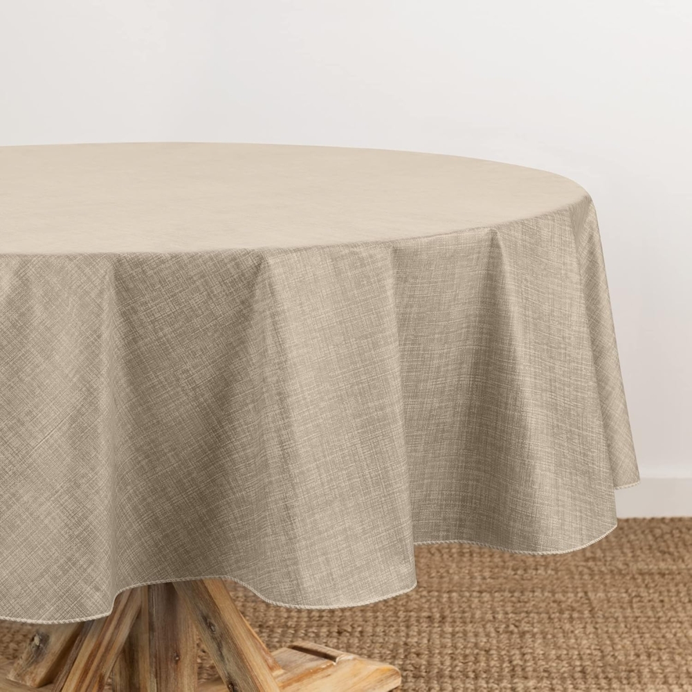 Elrene Home Fashions Monterey Tischdecke aus Vinyl, Wasser- und schmutzabweisend, für drinnen und draußen, mit Flanell-Rückseite, 177,8 cm, rund, Taupe Bild 1