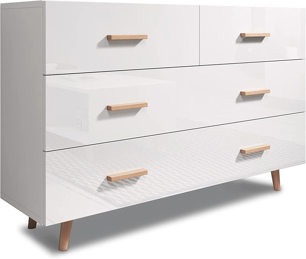 Domando Kommode Terni Skandinavisch für Wohnzimmer Breite 125cm, Holzfüße, Hochglanz, Weiß Matt und Weiß Hochglanz Bild 1