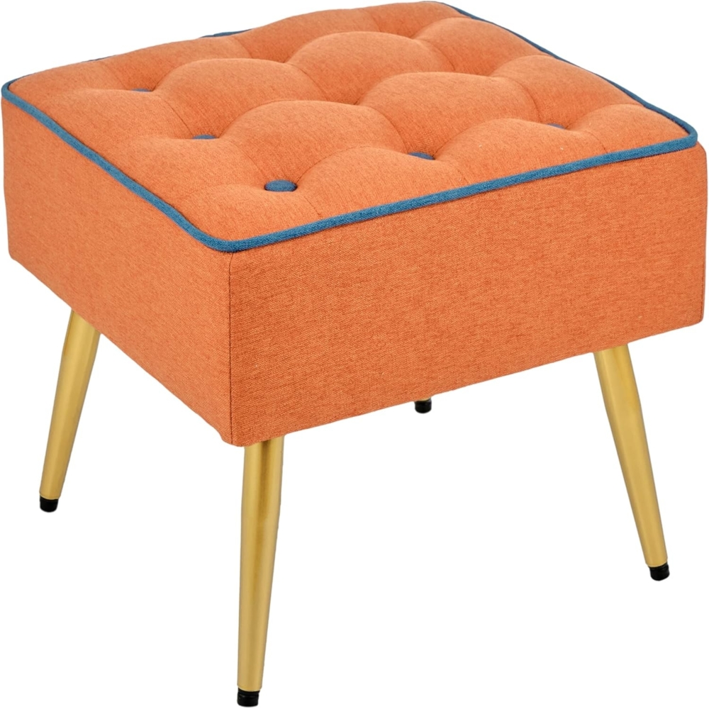 Baroni Home Gepolsterter Hocker aus Stoff, quadratischer Hocker mit Beinen aus Naturholz, Fußstütze, Stuhl, 40 x 40 x 35 cm, Orange, Blauer Rand Bild 1