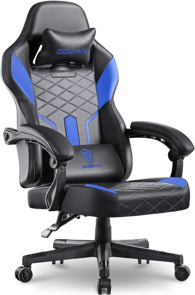 Dowinx Gaming Stuhl Racing Gamer Stuhl mit Frühling Kissen, Ergonomischer Gaming Sessel mit Lendenwirbelstütze, Bürostuhl PU Leder PC-Stuhl Verbreiterte Rückenlehne 150KG (Schwarz Blau) Bild 1