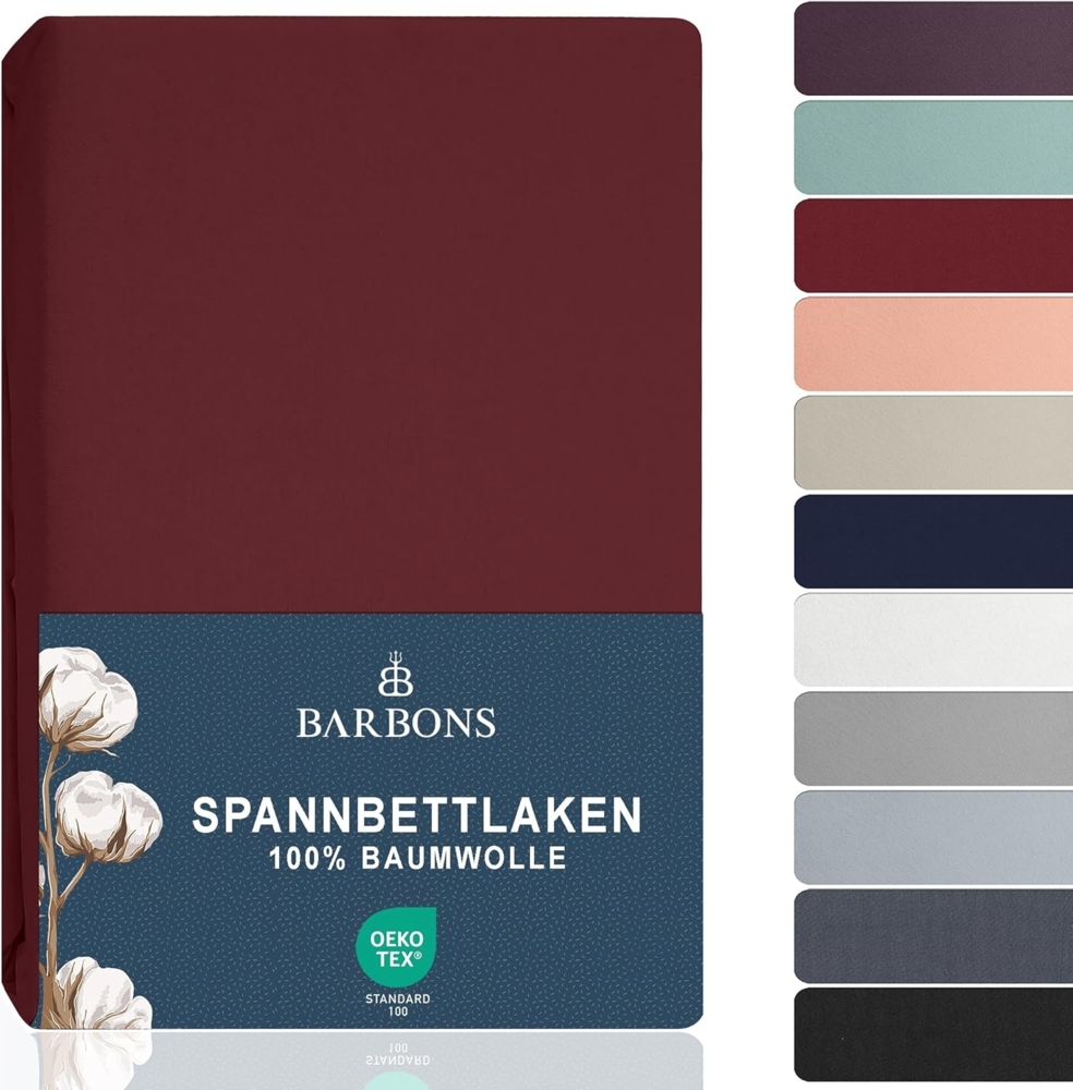 BARBONS Spannbettlaken 90x200 cm - 100% Baumwolle Spannbetttuch Oeko-TEX Zertifiziert Bettlaken Jersey Bettwaren und Bettbezug für Boxspringbett und Dicke Matratzen bis 27 cm - Bordeaux 90x200 Bild 1
