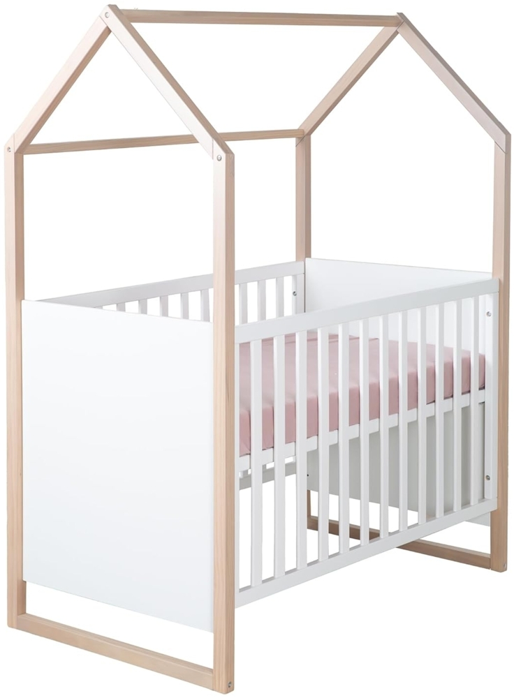 roba 2in1 Baby- & Beistellbett Cabane in Hausoptik - 60x120 cm - 6-fach Höhenverstellbar - 5 herausnehmbare Sprossen - Bicolor - Holz natur + Weiß Bild 1