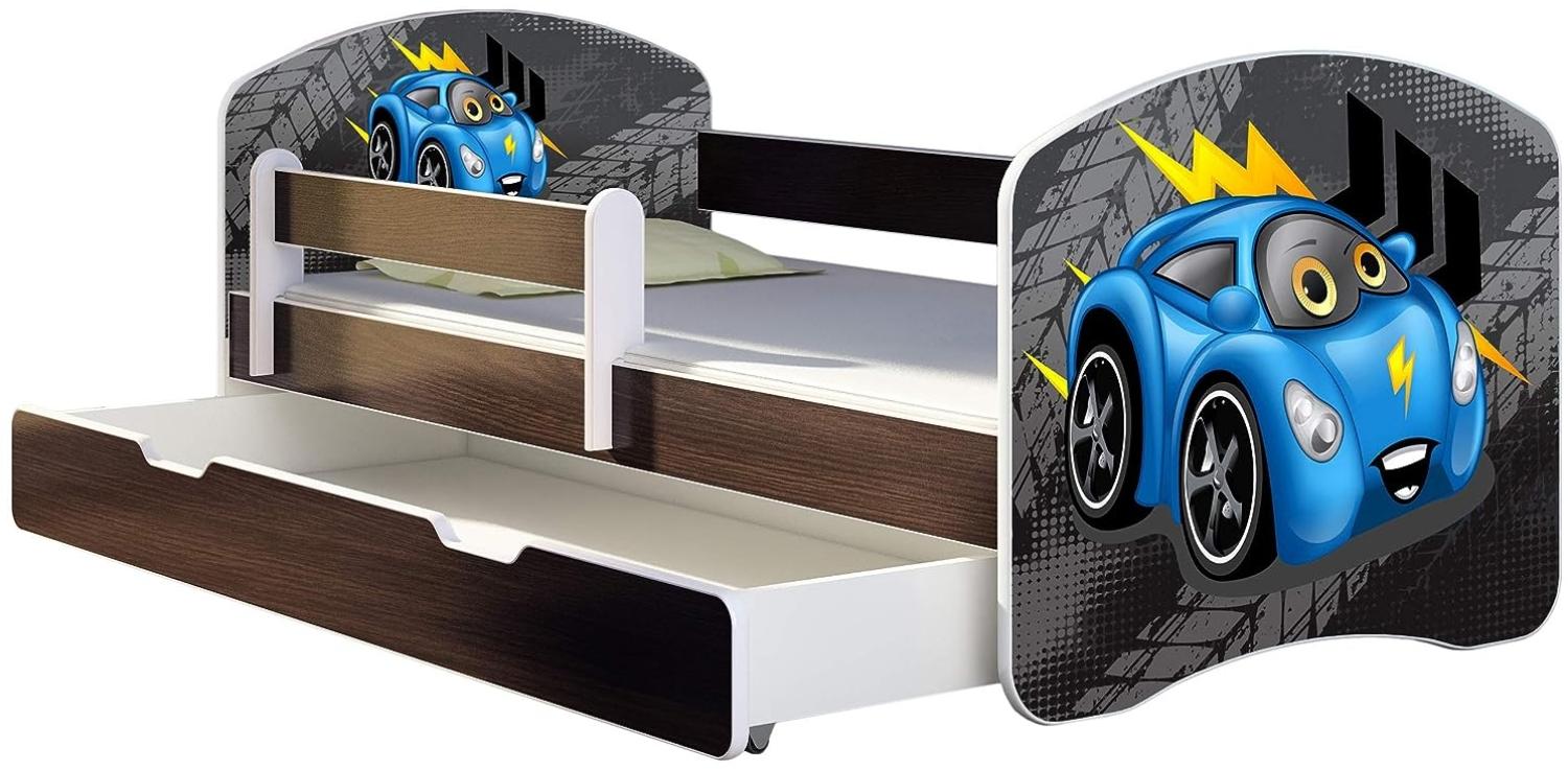 ACMA Kinderbett Jugendbett mit Einer Schublade und Matratze Wenge mit Rausfallschutz Lattenrost II 140x70 160x80 180x80 (04 Blaue Auto, 180x80 + Bettkasten) Bild 1