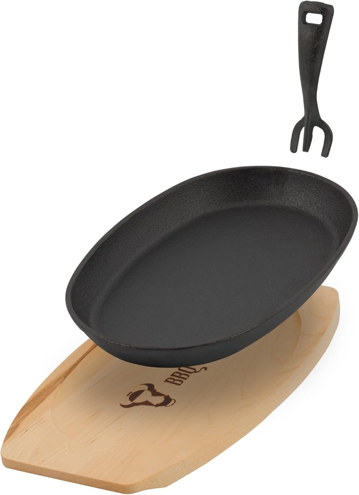 BBQ-Toro Servierpfanne Gusseisen Servierpfännchen mit Holzbrett, 27 x 18 cm - oval, schwarz, Gusseisen (3-tlg) Bild 1