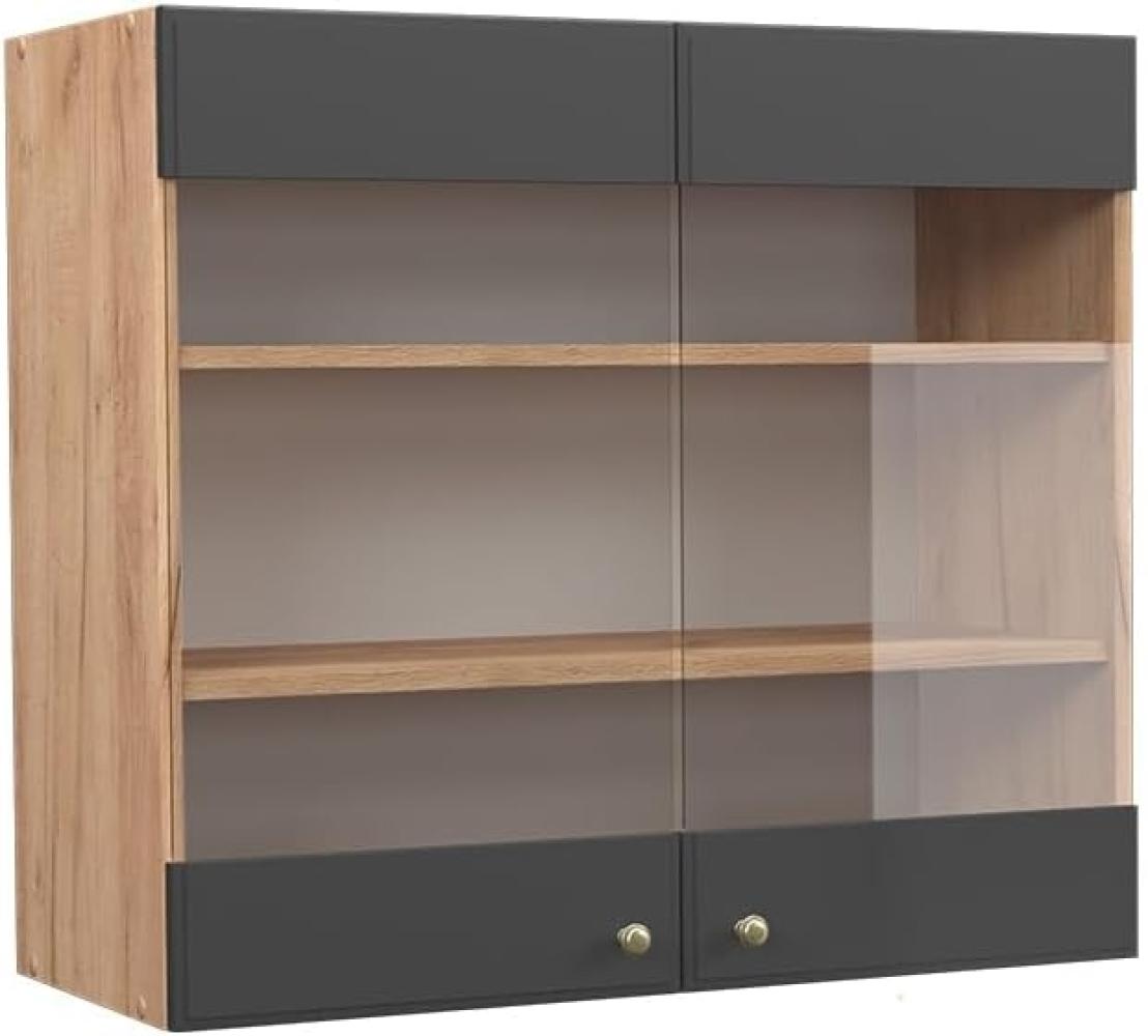 Vicco Küchenschrank Küchenmöbel Fame-Line Landhaus Küche Einbauküche Küchenzeile Blende Unterschrank Hochschrank Hängeschrank (Eiche-Anthrazit-Gold, Hängeglasschrank 80 cm) Bild 1