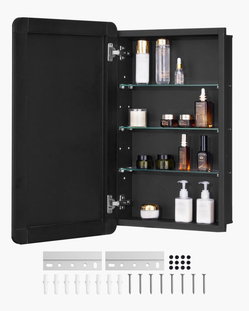 VEVOR Spiegelschrank verspiegelter Arzneischrank Medizinschrank (420 x 125 x 700 mm) für Badezimmer mit Einzelspiegel & verstellbaren Glasböden, Einbau- und Wandmontage, Aluminiumrahmen, Badschrank Bild 1