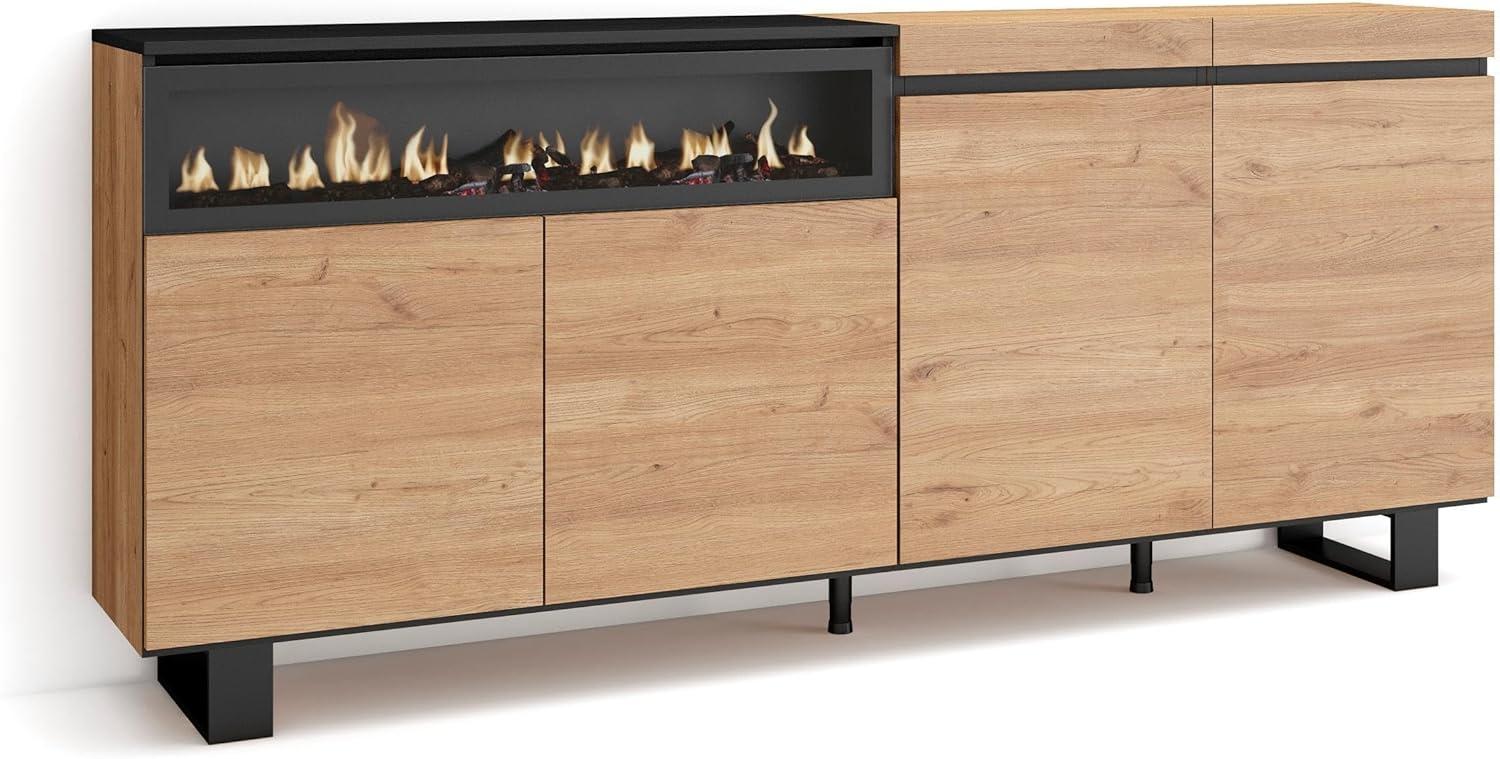 Skraut Home | Sideboard, Highboard | Kommode, Komodenschrank | 200x87x35cm | 4 Türen | Elektrokamin. Maße | Industriedesign | Moderner Stil | Eiche Schwarz Bild 1