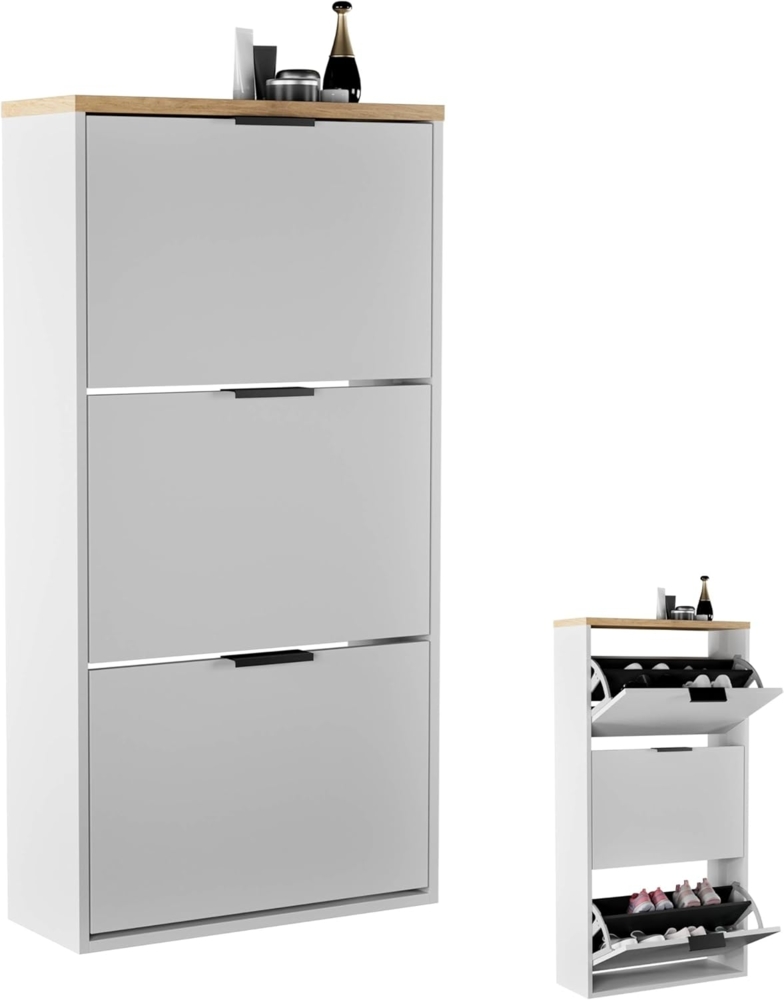 Planetmöbel Schuhschrank schmal mit 3 Klappen platzsparender Schuhregal mit 6 Ablagen, Schuhkommode für Diele, Flur, Garderobe 60 x 23 x 118 cm, weiß grau Bild 1