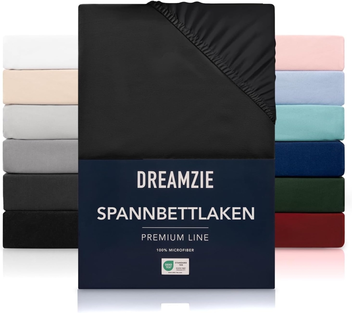 Dreamzie Spannbetttlaken 160x200 cm - Hoher Steg bis 33 cm - 100% Mikrofaser - Schwarz - Schadstoffgeprüft (Oeko TEX), Bettlaken mit Gummizug Bild 1