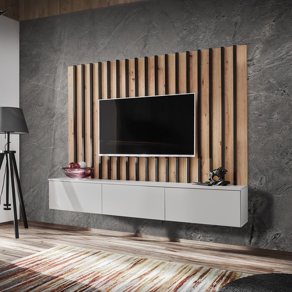 Lomadox Wohnwand VENOSA-164, Anbauwand Schrankwand 180cm, grau mit Eiche, Lamellen-Paneel Bild 1