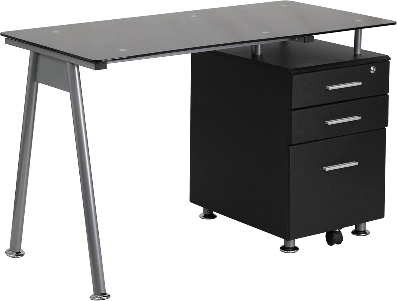 Flash Furniture Computertisch mit 3 Schubladen, Metall, Schwarze Glasplatte/silberner Rahmen, 128.270000000000001 x 67.31 x 13.97 cm Bild 1