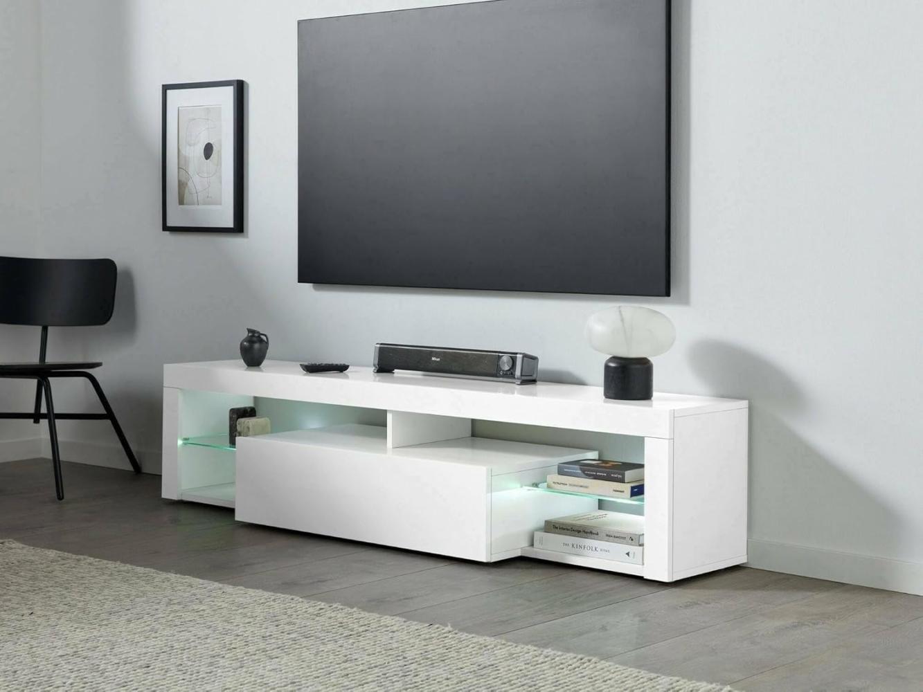 Dmora - TV-Ständer Ugo, TV-Ständerbasis, niedriges Wohnzimmer-Kommode mit 1 Tür, 100% Made in Italy, 160 x 40 x 35 cm, glänzendes Weiß Bild 1