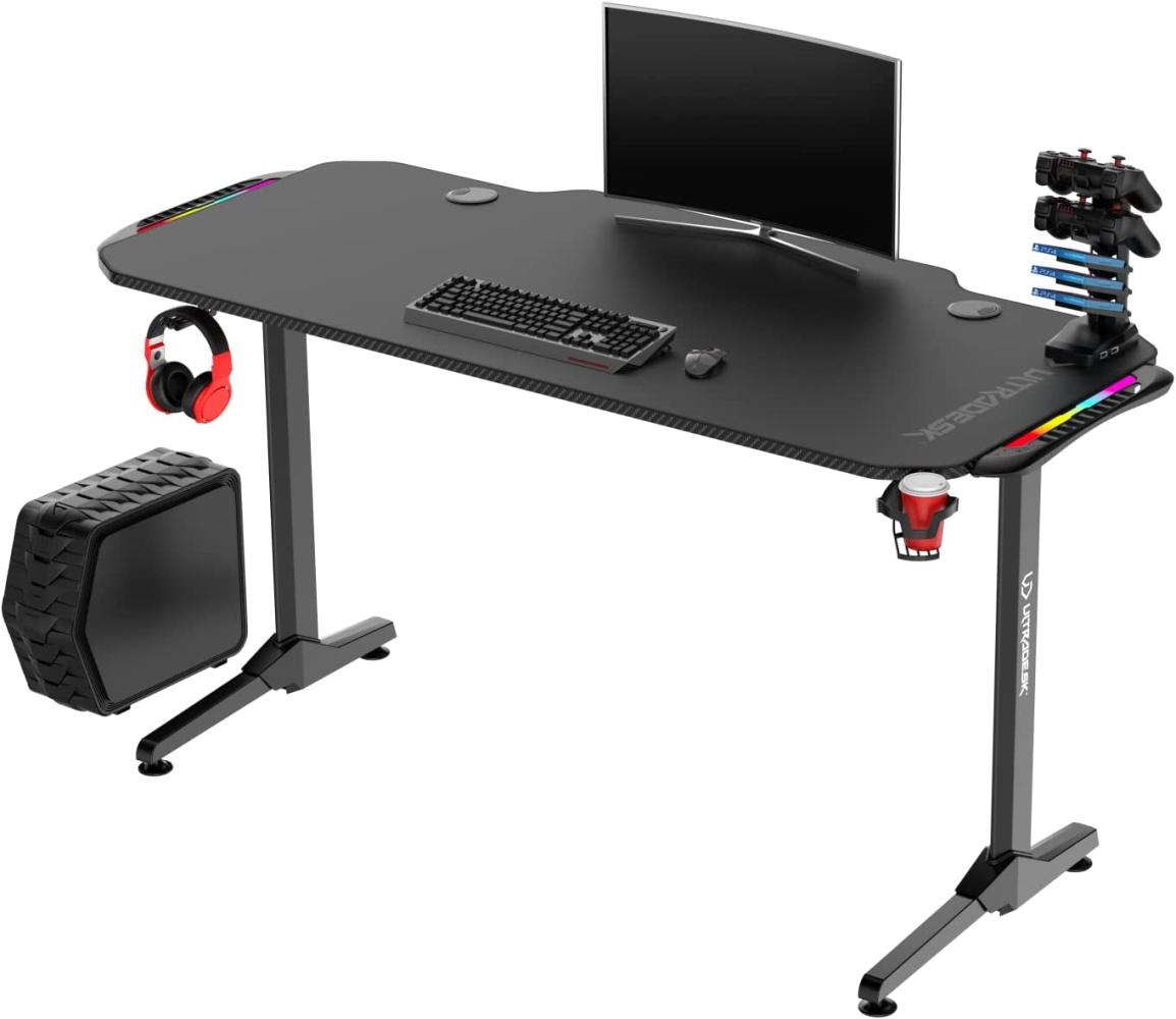 ULTRADESK Frag RGB LED | Gaming-Schreibtisch mit großer Arbeitsfläche & XXL-Pad, 2 Kabeldurchlässe | Gut für Home Office, Fach für Steckdosenleisten | Stahlrahmen, Schwarzes Pad, 140x66 cm Bild 1