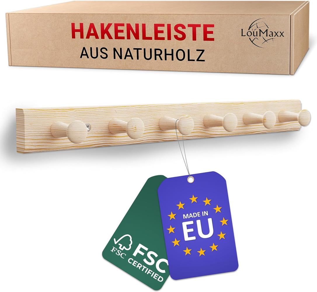 LouMaxx Hakenleiste Holz aus Kiefer mit 6 Holzhaken – Wandgarderobe Holz - Garderobe Kinder - Garderobe Holz - Kleiderhaken Holz zur Wandbefestigung aus Nicht behandeltem Kiefernholz Bild 1