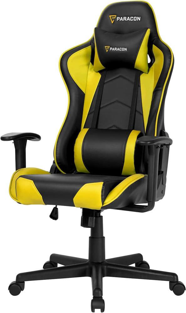 Paracon Brawler | Gaming Stuhl Bürostuhl Chefsessel Schreibtischstuhl Drehstuhl Ergonomisch mit Kippfunktion, Verstellbare Armlehnen, Kopfkissen, Nackenstützkissen, Rückenkissen | Gelb Bild 1