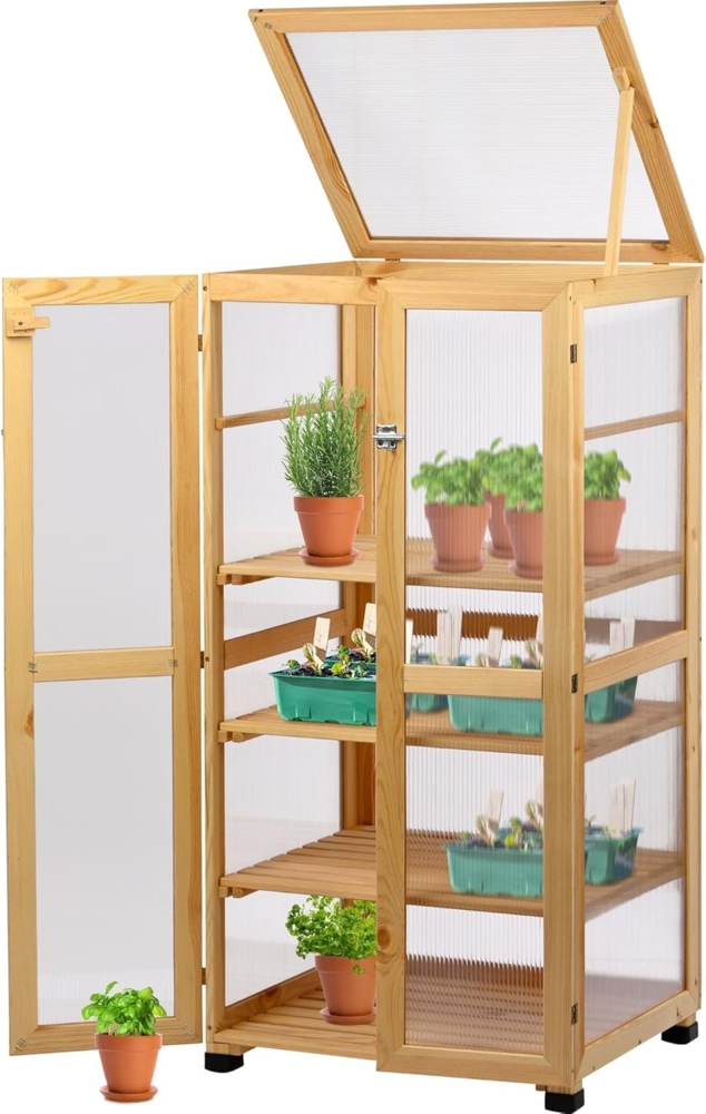 dobar® 58556FSCe Großer Anzuchtschrank Dome | Gewächshaus mit 4 Ablagen für Innen- und Außenbereich | Treibhaus Massivholz | Pflanzenhaus | 56 x 52 x 110 cm | Natur Bild 1