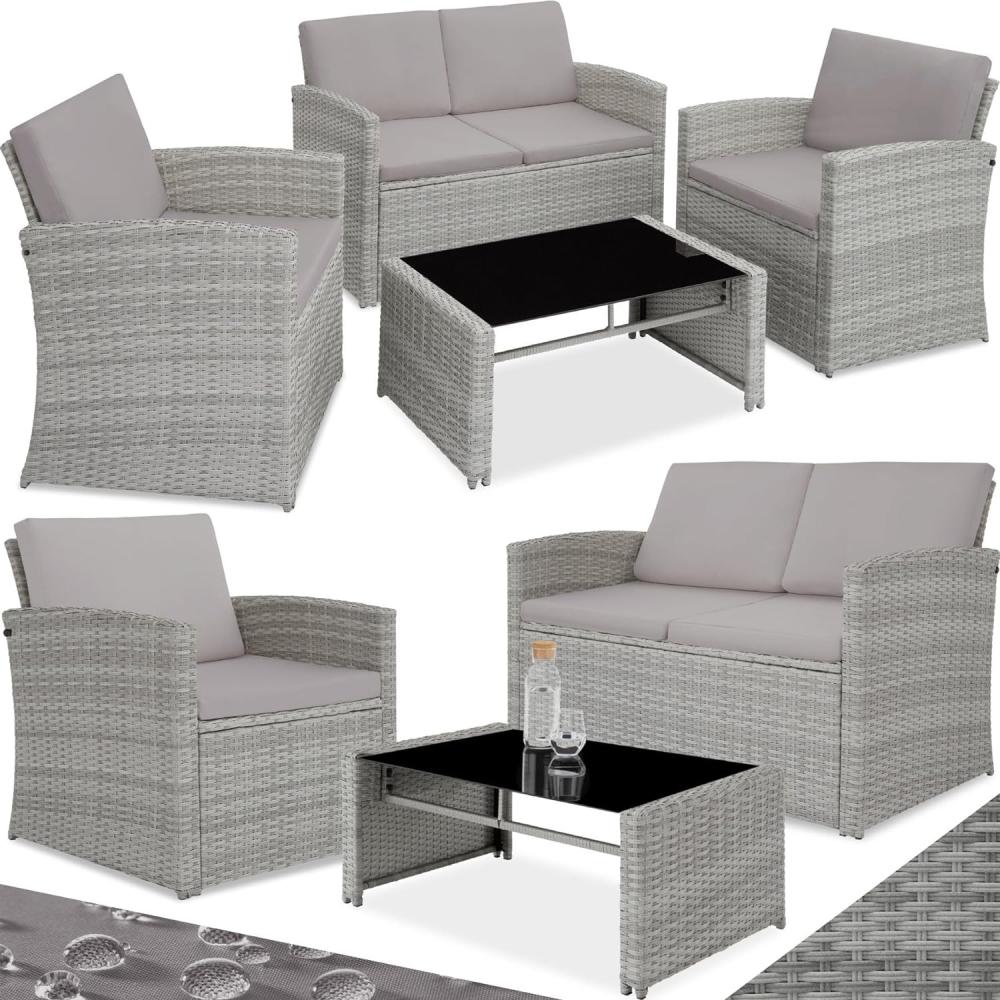 tectake Lounge Gartenmöbel Set Poly Rattan für den Garten, Möbel für den Balkon, 12-teilige Garten Lounge (wetterfest), Essgruppe mit Outdoor Sofa, Sessel und Tisch für 4 Personen (Grau Meliert/Grau) Bild 1