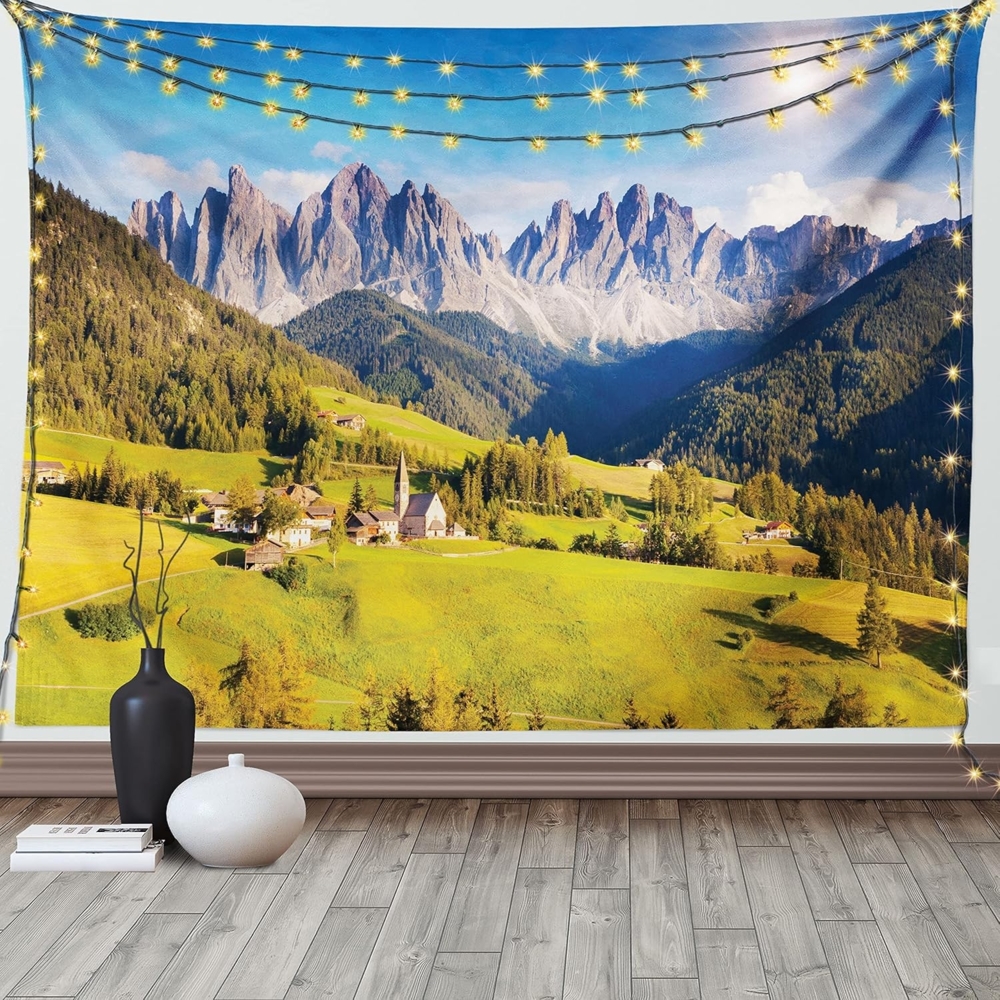 ABAKUHAUS Natur Wandteppich und Tagesdecke, Landschaft am Morgen aus Weiches Mikrofaser Stoff Waschbar ohne Verblassen Digitaldruck, 230 x 140 cm, Grün Grau Bild 1