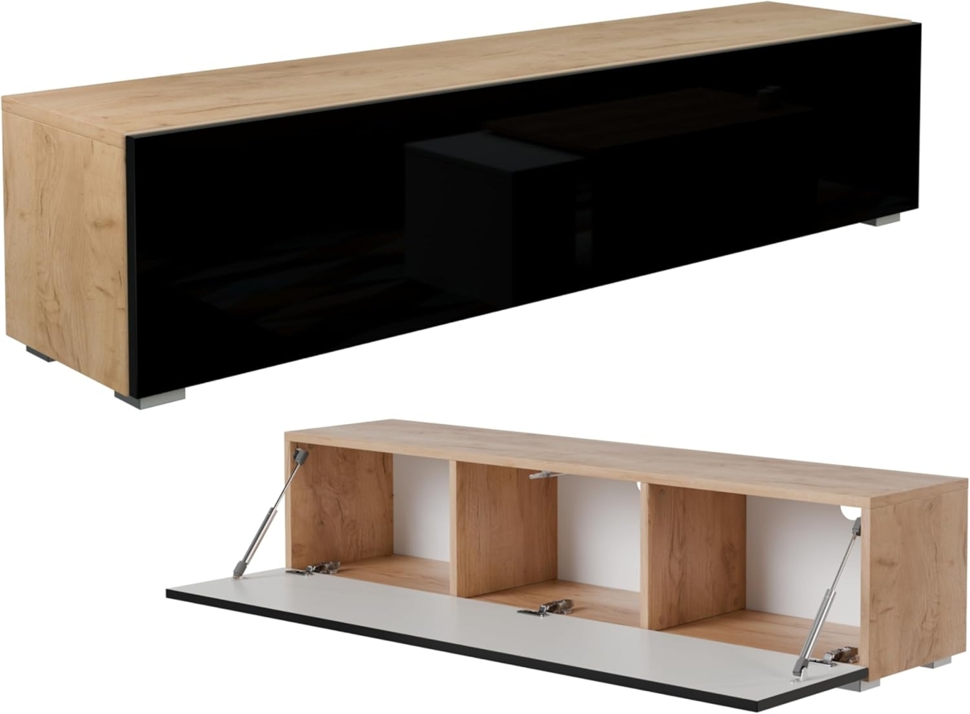 PLATAN ROOM Fernsehschrank TV-Lowboard 105/140 / 160/210 / 280 In Weiß Hängend Oder Stehend Hochglanz Matt (140 x 30 x 32, Eiche Gold/Schwarz Hochglanz) Bild 1