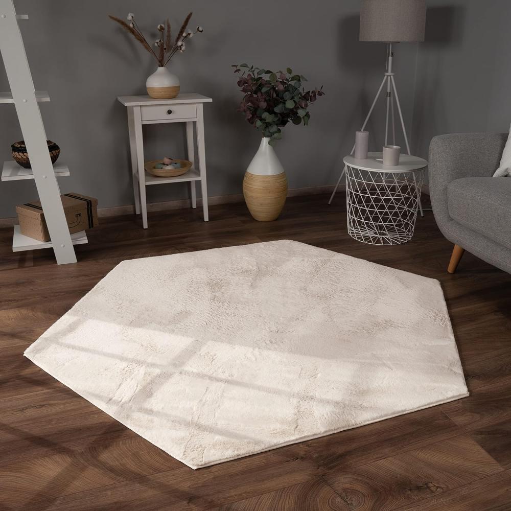 Paco Home Hochflor Teppich Wohnzimmer Flauschig Fellteppich Kunstfell Plüsch Shaggy Weich Fellimitat, Grösse:150x170 cm Sechseckig, Farbe:Creme Bild 1