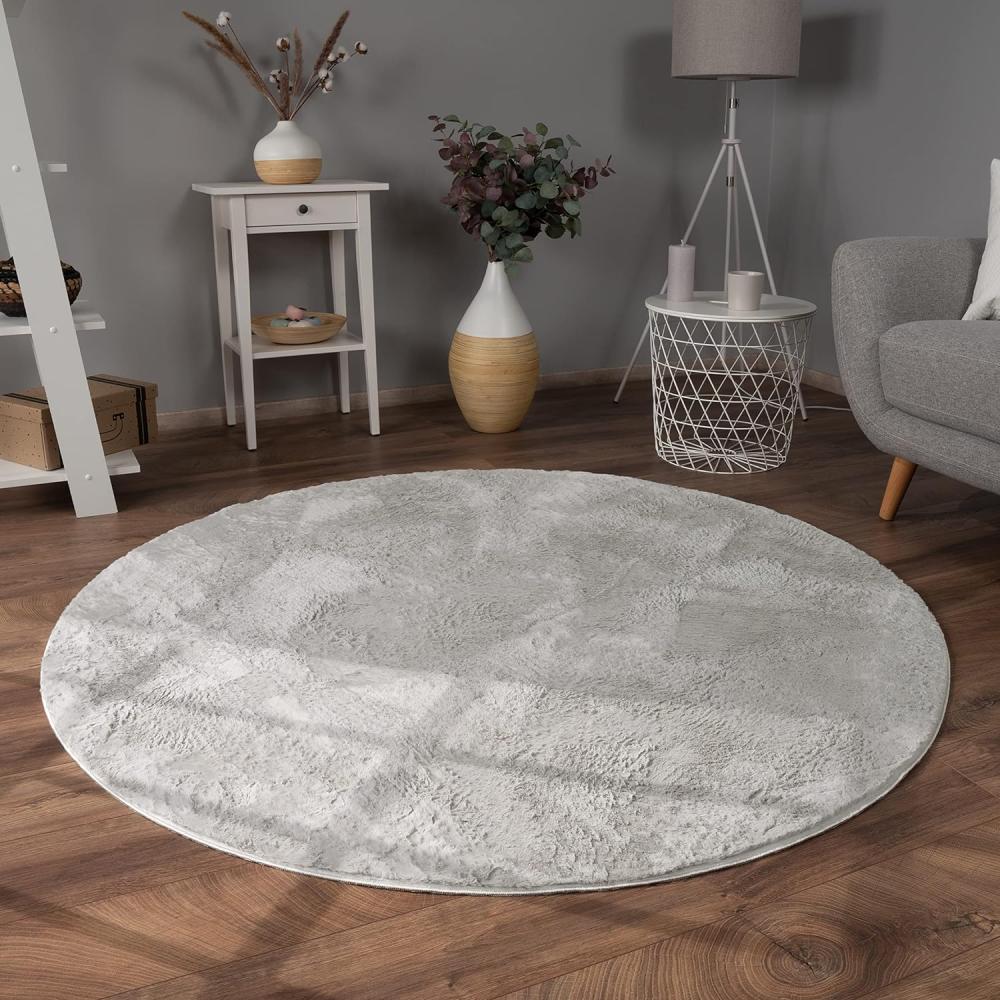 Paco Home Hochflor Teppich Wohnzimmer Flauschig Fellteppich Kunstfell Plüsch Shaggy Weich Fellimitat, Grösse:200 cm Rund, Farbe:Grau Bild 1