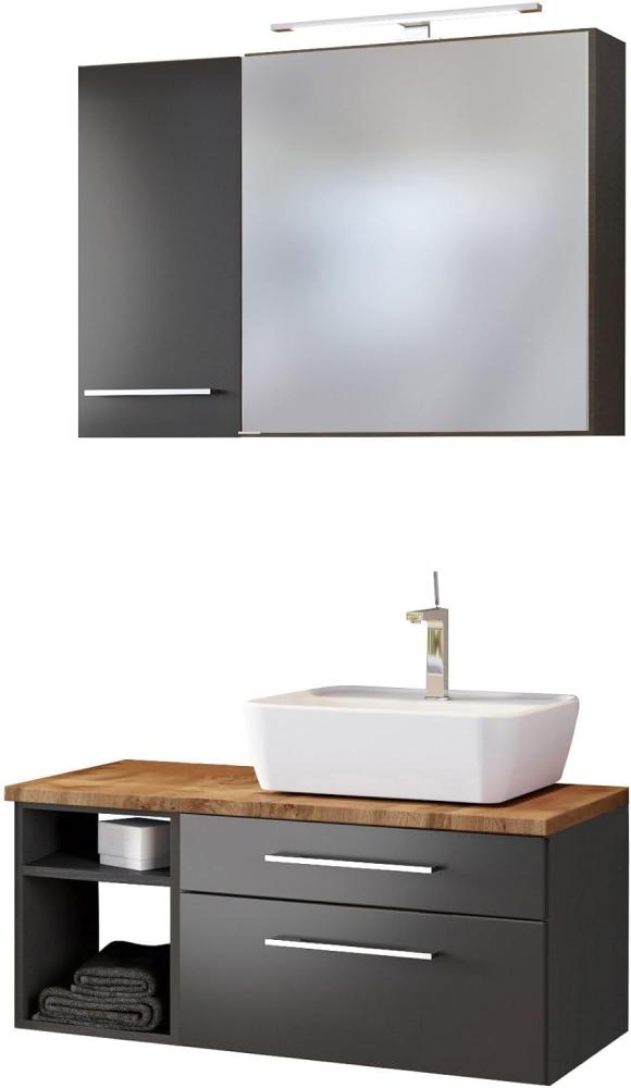 Bad-Set 4-tlg. 'Davos' Grau, mit Aufbauleuchte, Hängeschrank und Unterschrank mit Fächern, Waschbecken rechts Bild 1