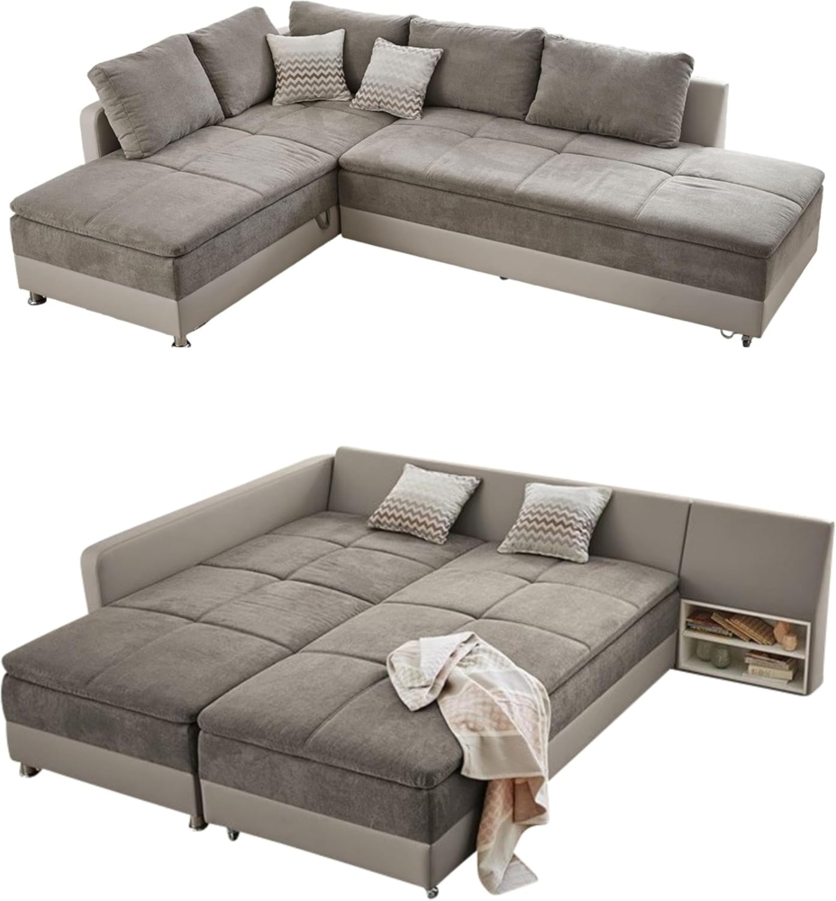 luma-home Ecksofa 15102, Dauerschläfer-Doppelbett 306x223 cm, Schwenkteil rechts, Bettkasten, Regal, Boxspring, Federkern, Wellenunterfederung, Topper, Mikrofaser Grau Braun/Kunstleder Beige Bild 1