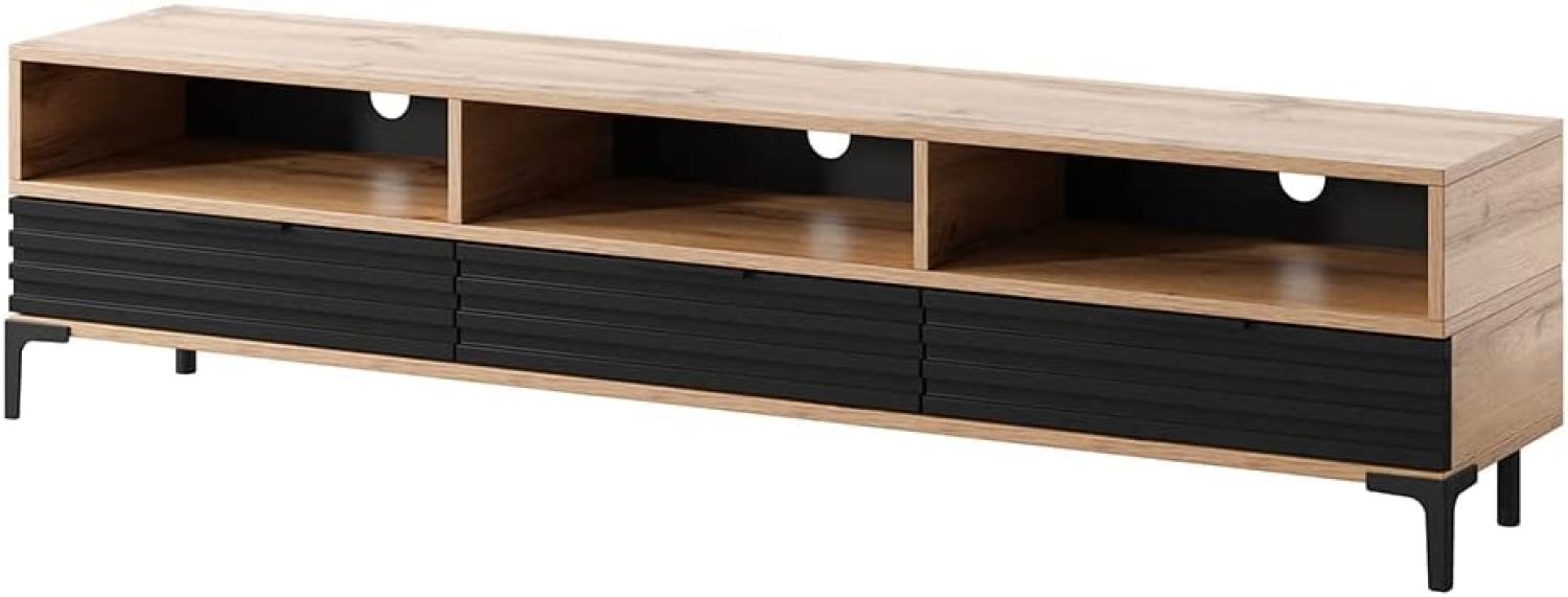 Selsey RIKKE - TV-Lowboard/TV-Tisch mit 3 offenen und 3 geschlossenen Fächern, 160 cm breit (Wotan Eiche Matt/Schwarz Hochglanz mit LED) Bild 1