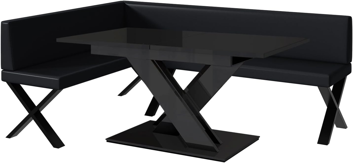 MEBLINI Eckbank für Esszimmer mit ausziehbarem Tisch - Küchenbank - Essecke - Sitzecke Küche - TONI - X-Beine 142 x 196 x 87 cm Links - Schwarz Kunstleder/B Schwarz Hochgl. Bild 1