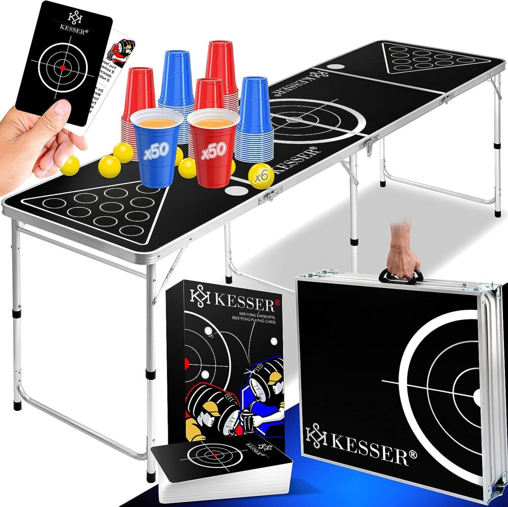 KESSER® Beer Pong Tisch Set mit Kartenspiel Trinkspiel - inkl. 100 Becher (50 Rot & 50 Blau), 6 Bälle + Regelwerk Partyspiele Table Höhenverstellbar Klappbarer Classic Bild 1