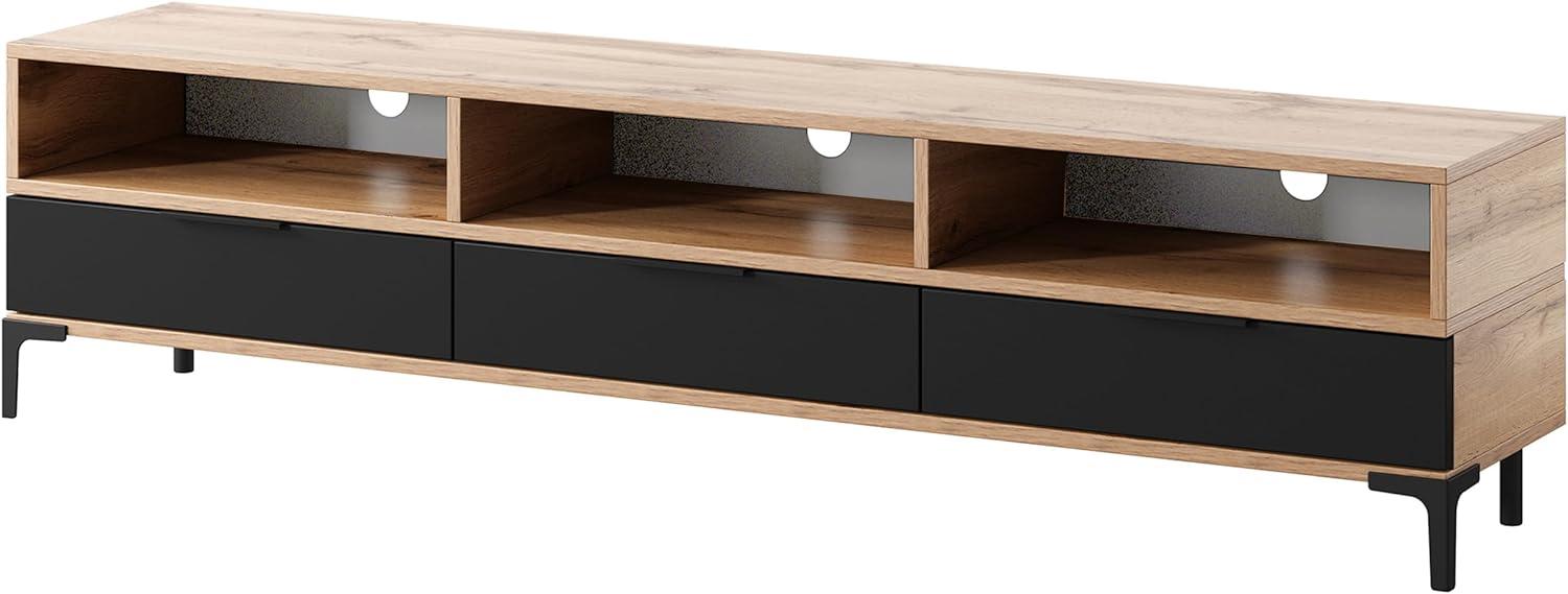 Selsey RIKKE - TV-Lowboard/TV-Tisch mit 3 offenen und 3 geschlossenen Fächern, 160 cm breit (Wotan Eiche Matt/Schwarz Hochglanz ohne LED) Bild 1