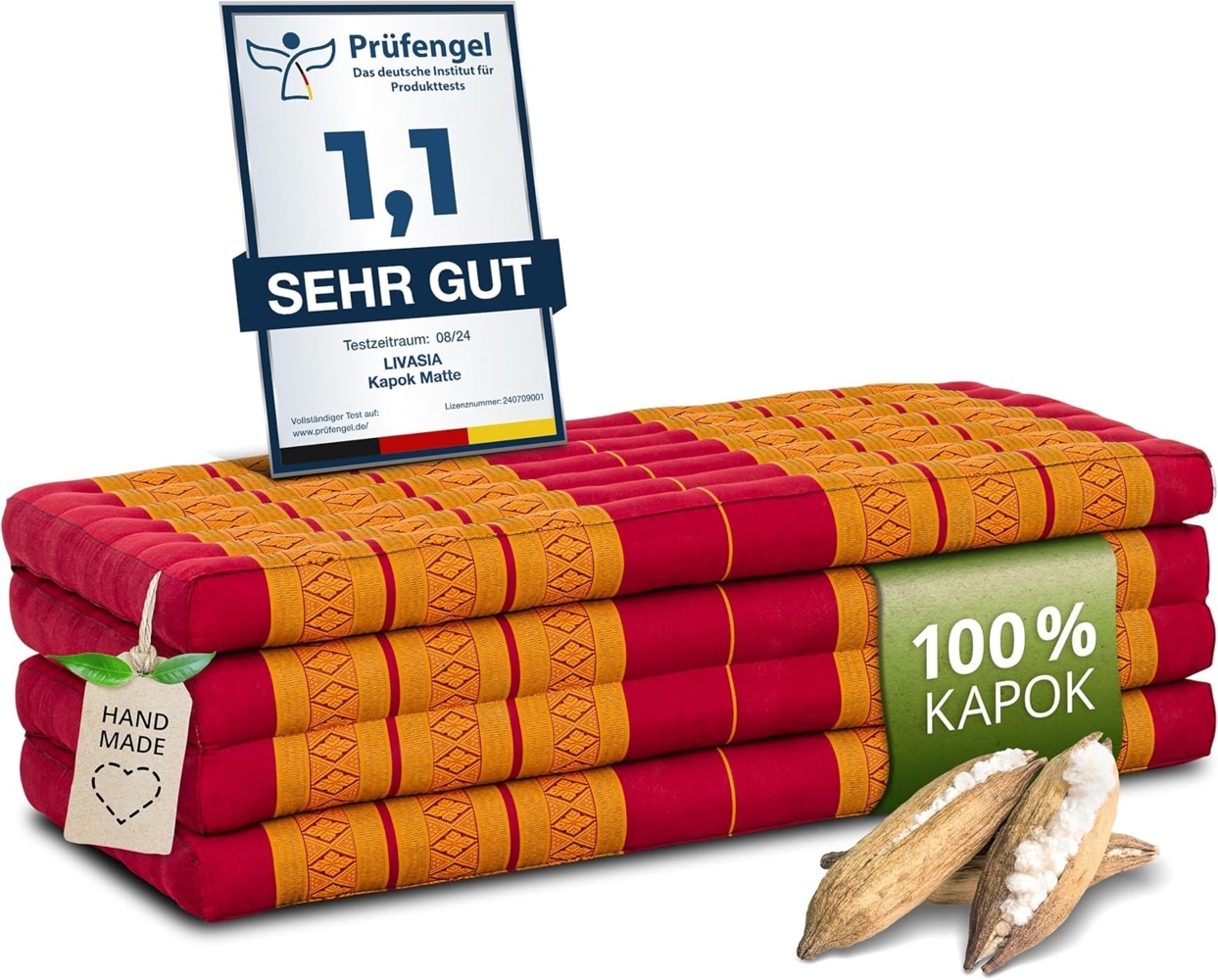 Nachhaltige Klappmatratze aus Kapok, breite Gästematratze vierteilig, Faltbare Matratze, ökologische Yogamatte, klappbares Gästebett, Liege für Garten und Balkon 200 x 110 x 8 cm (Rot/Gelb) Bild 1