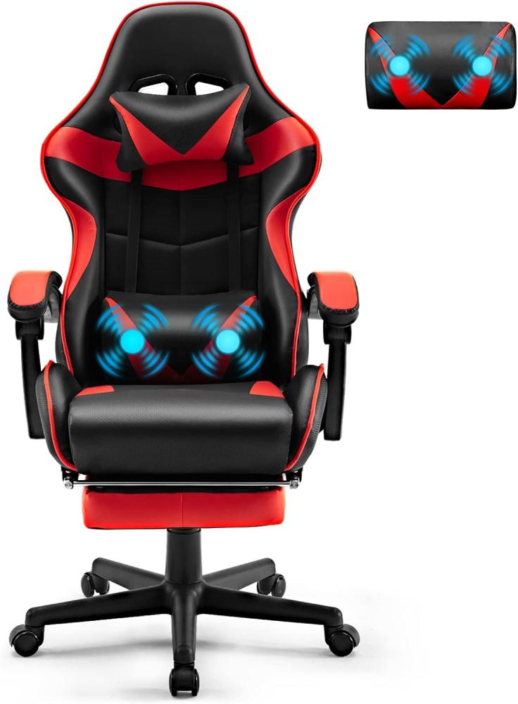 Soontrans Gaming Stuhl Massage, Gaming Sessel mit Fußstütze & Kopfstütze & Massage-Lendenkissen, Gepolsterte Armlehnen, Ergonomisch Gaming Stuhl für Gamer YouTube Livestreaming Xbox (Rot) Bild 1