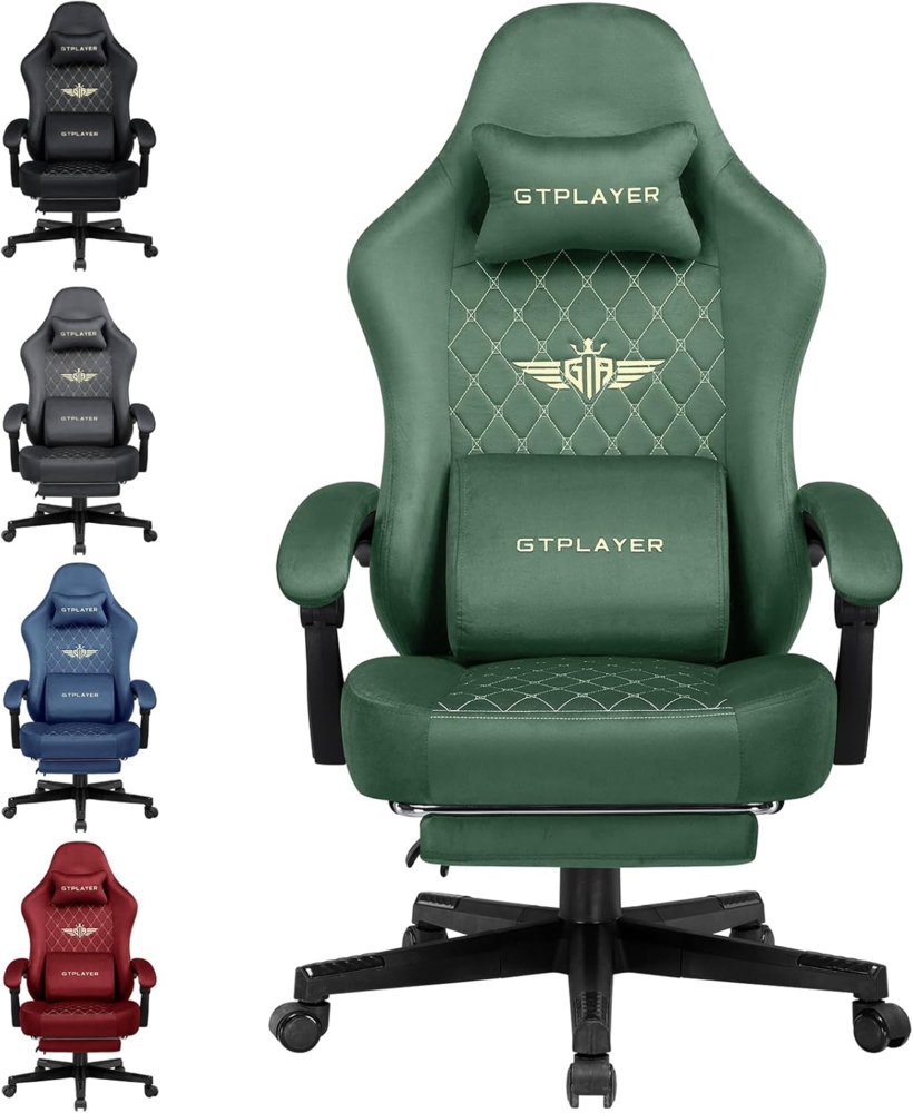 GTPLAYER Gaming Stuhl Stoff Gaming Chair Ergonomisch Bürostuh PC Stuhl, 150kg Belastbarkeit, Verstellbarer und Drehbarer Schreibtischstuh mit Federsitzkissen und Fußstütze, Grün Bild 1