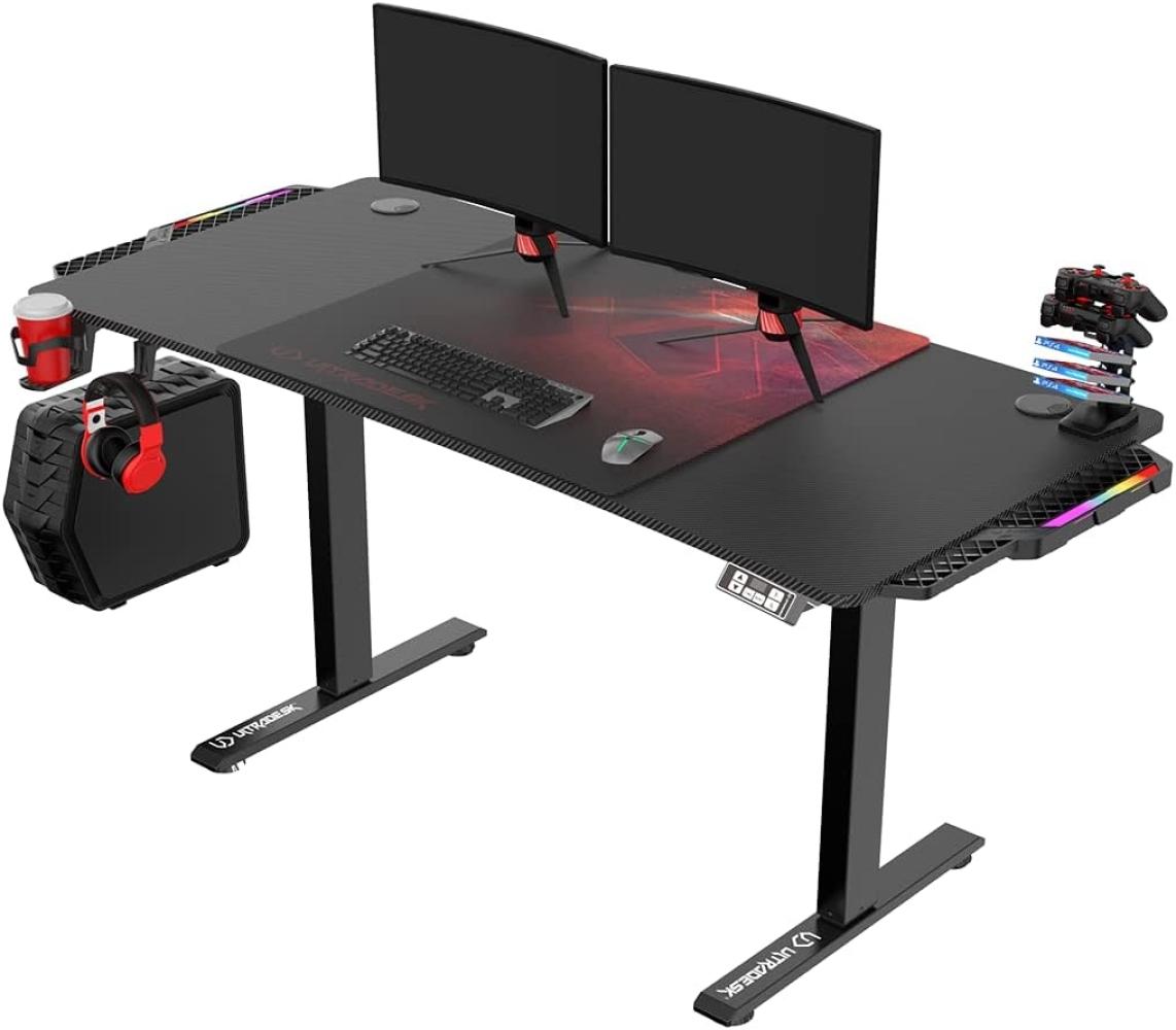 ULTRADESK Level RGB LED | Gaming-Schreibtisch mit elektrischer Höhenverstellung | Interner Speicher für 2 Einstellungen | Steckdosenleiste, XXL-Mauspad | Stahlgestell, Rotes Pad, 140x66 cm Bild 1