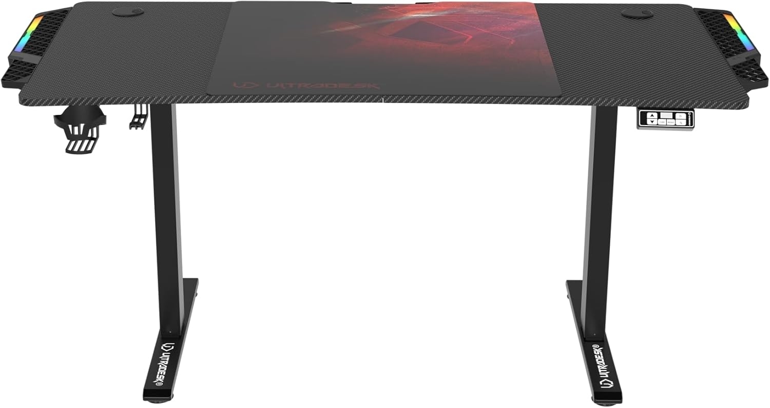 ULTRADESK Level RGB LED | Gaming-Schreibtisch mit elektrischer Höhenverstellung | Interner Speicher für 2 Einstellungen | Steckdosenleiste, XXL-Mauspad | Stahlgestell, Rotes Pad, 140x66 cm Bild 1