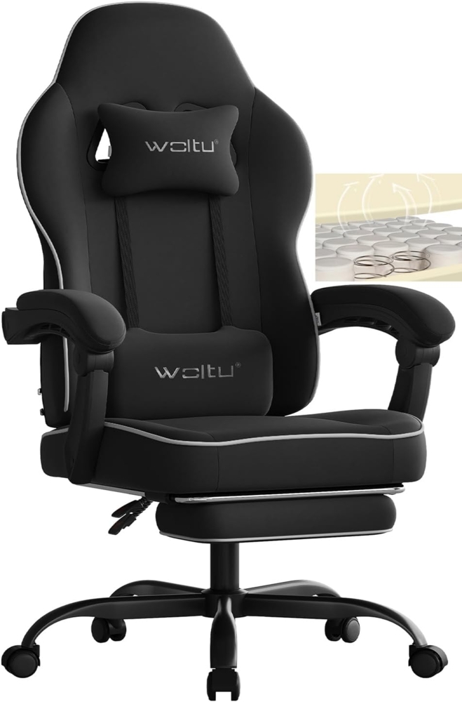 WOLTU Gaming Stuhl mit Taschenfederkissen, Gaming Sessel 150 kg Belastbarkeit, ergonomischer Drehstuhl, Gamer Stuhl mit Kopfkissen, Lendenkissen, Fußstütze, Tech-Stoff, Schwarz, GS10sz Bild 1