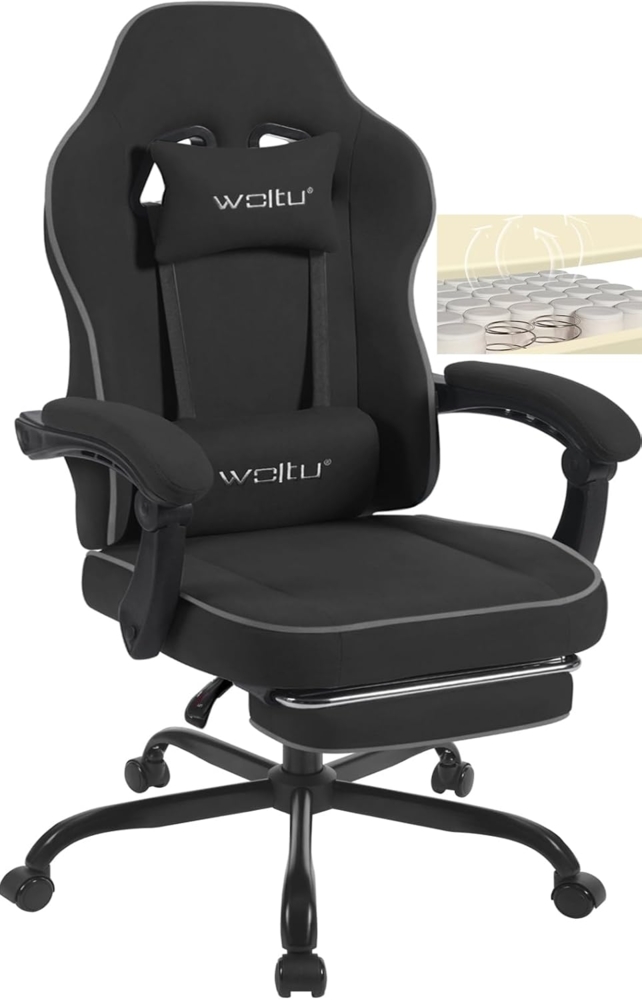 WOLTU Gaming Stuhl mit Taschenfederkissen, Gaming Sessel 150 kg Belastbarkeit, ergonomischer Drehstuhl, Gamer Stuhl mit Kopfkissen, Lendenkissen, Fußstütze, Tech-Stoff, Schwarz, GS10sz Bild 1