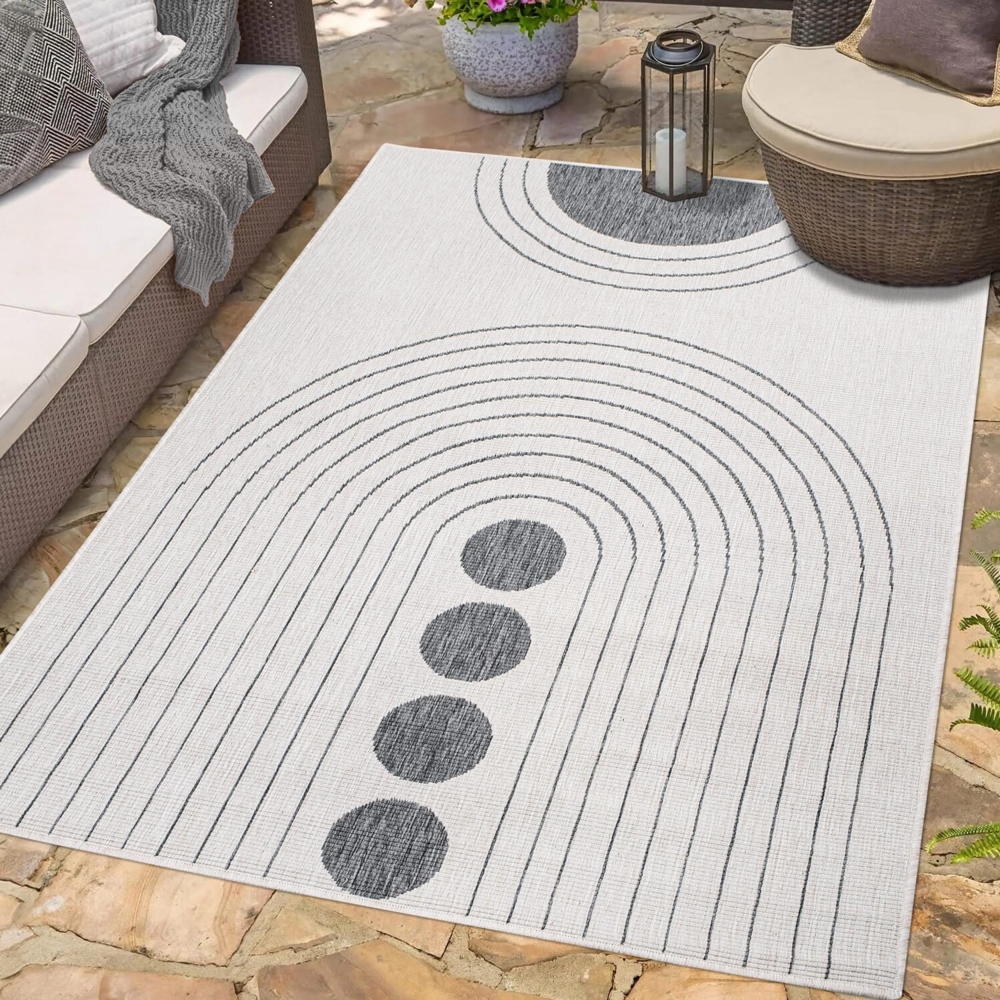 carpet city In- & Outdoor-Teppich Grau, Creme - Wendeteppich - 200x290 cm - Kreis-Muster - Wetterbeständig für Balkon, Terrasse - Teppiche Modern Indoor Wohnzimmer, Küche Bild 1