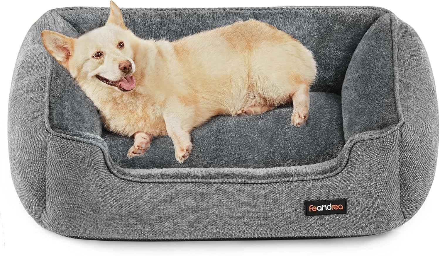 Feandrea Hundebett, Hundekissen in Leinenoptik, Hundekorb, erhöhte Ränder, rutschfeste Unterseite, Bezug abnehmbar waschbar, L, für mittelgroße Hunde, 90 x 75 x 25 cm, hellgrau PGW11GG Bild 1