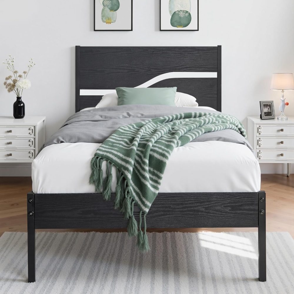 VECELO Bettgestell 90x200 cm, Metallbett mit Dick Holzkopfteil und Lattenrost, Doppelbett mit Stauraum unter dem Bett, perfekt für Schlafzimmer, Schwarz Bild 1