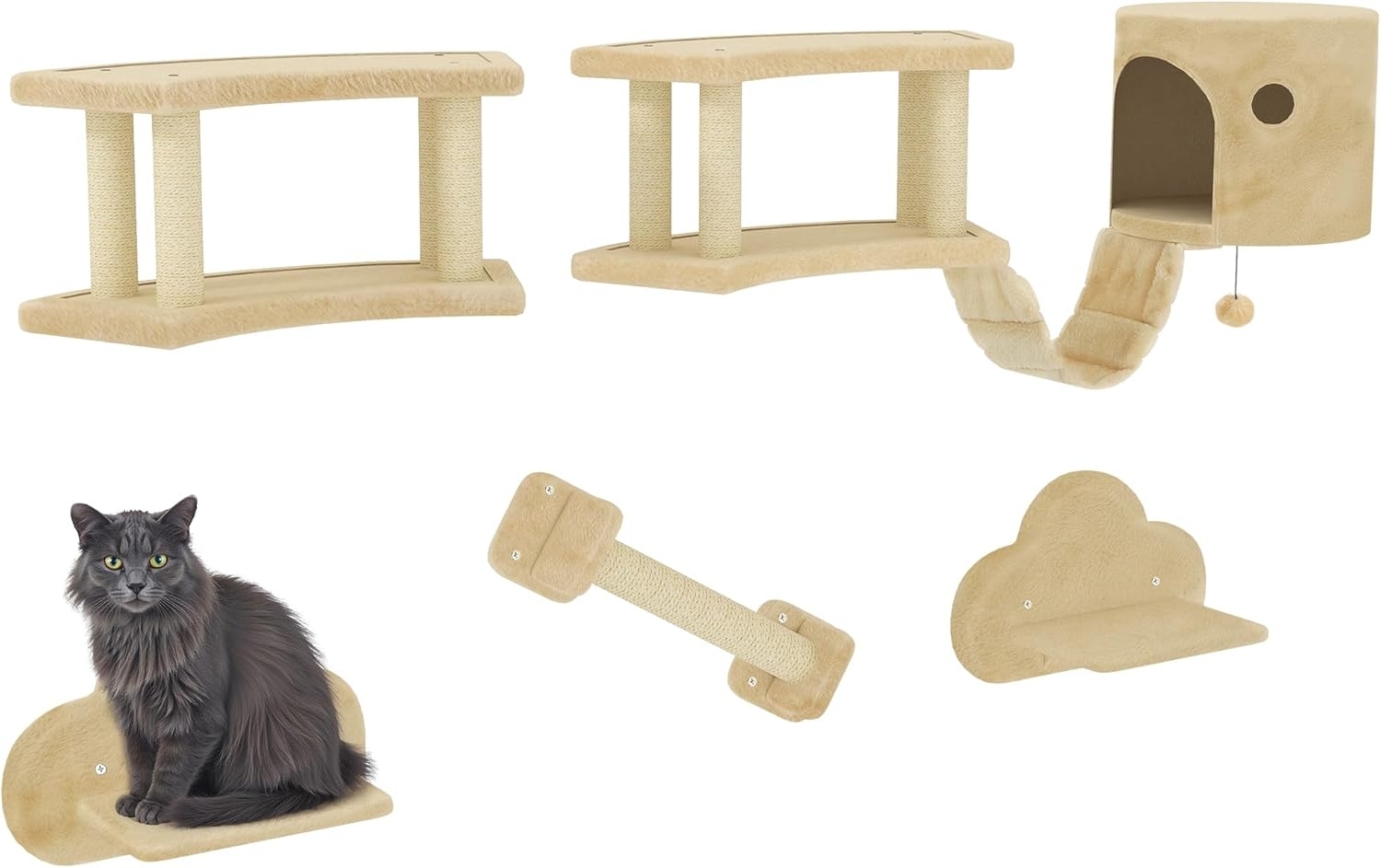 PawHut Katzen-Kletterwand mit Kratzstamm, Sprungplattformen, Leiter, Haus, Katzen-Wandgerüst, für Katzen bis 5 kg, Plüsch, Beige Bild 1