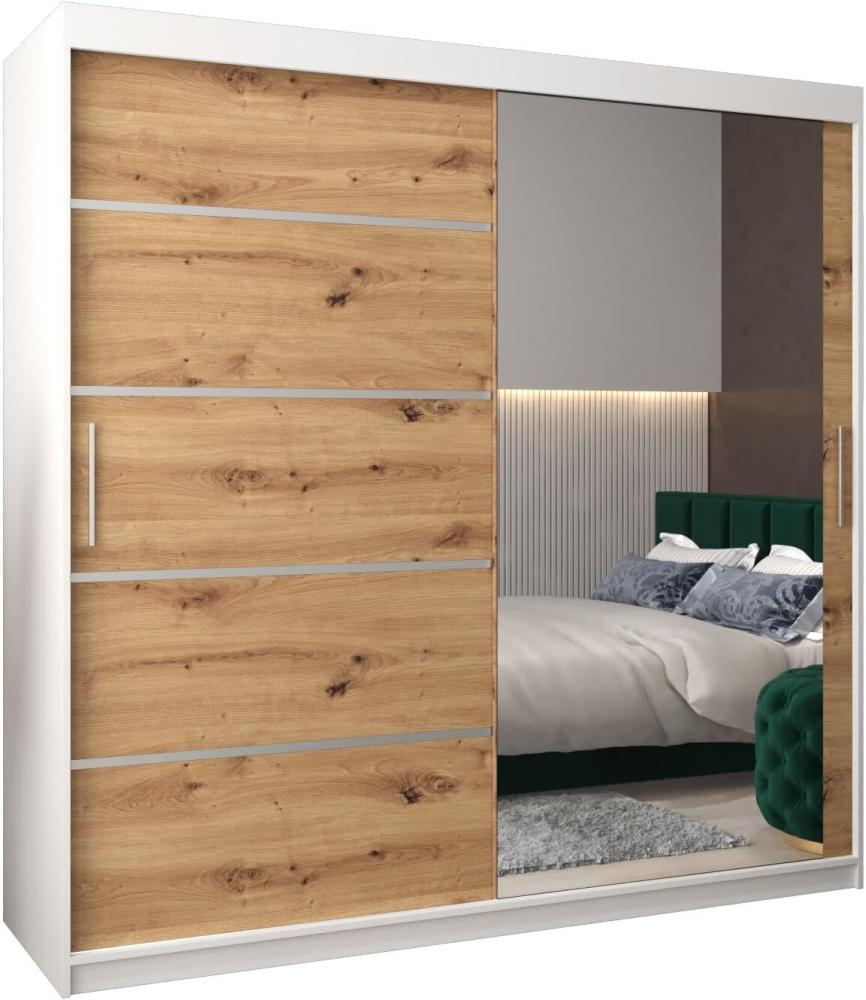 Schwebetürenschrank Verona 2-200 cm mit Spiegel Kleiderschrank mit Kleiderstange und Einlegeboden Schlafzimmer- Wohnzimmerschrank Schiebetüren Modern Design (Weiß + Artisan Eiche) Bild 1