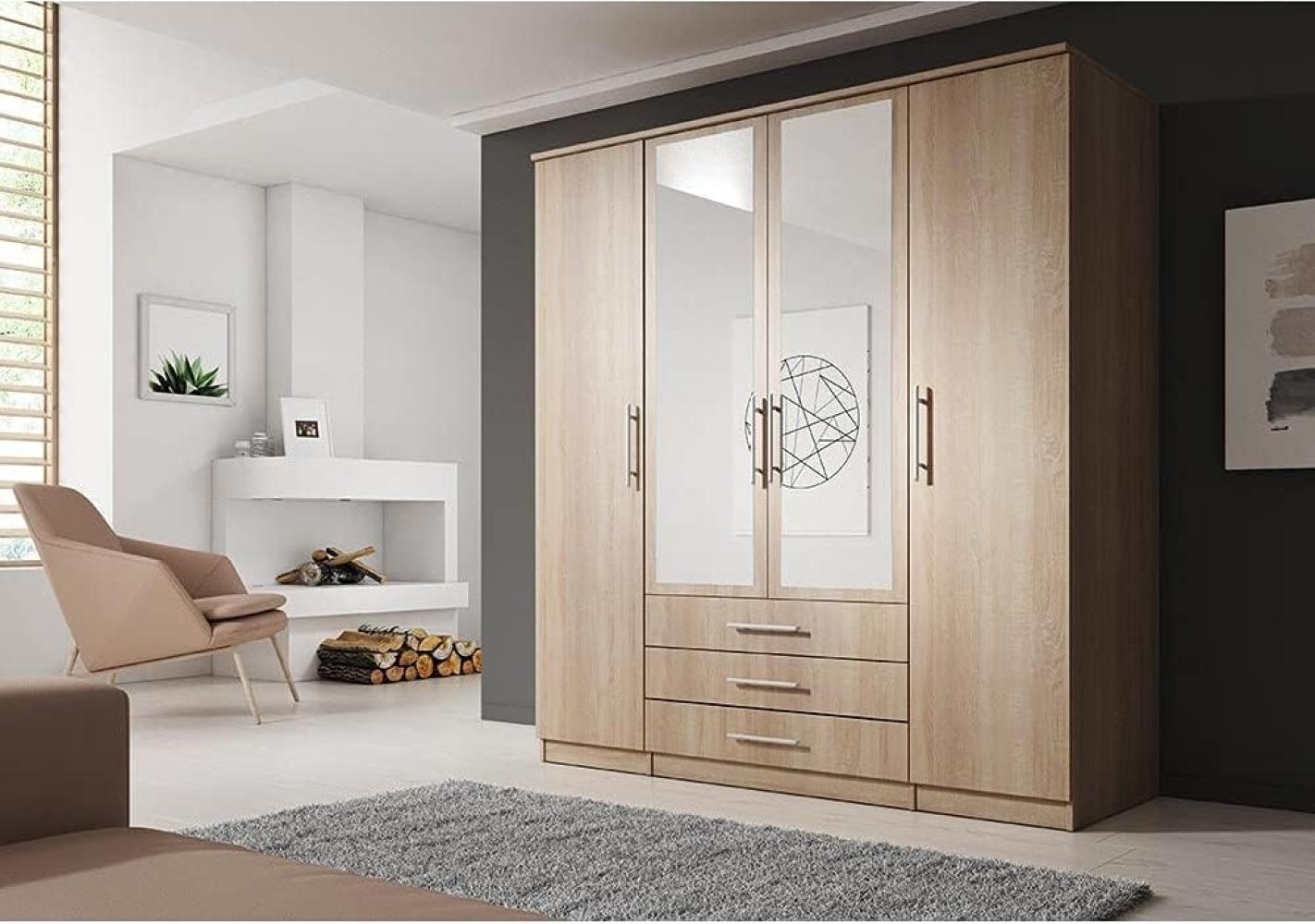 Schwebetürenschrank Szantal 4D mit Spiegel, Kleiderschrank mit DREI Schubladen, Kleiderstange und Einlegeböden, Schlafzimmerschrank, Schiebetüren, Modern Design (Sonoma/Sonoma) Bild 1