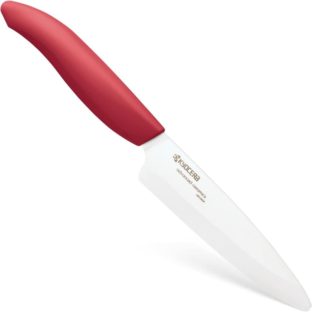 KYOCERA GEN COLOUR Obst- und Gemüse-Keramikmesser FK-110WH-RD Allzweckmesser mit extrem scharfer Keramikklinge für absolut präzise Schnitte. Grifffarbe rot. Klingenlänge: 11 cm Bild 1