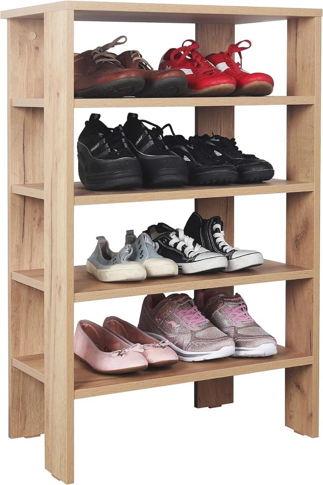 RICOO Schuhregal schmal und hoch 88x60x32cm Standregal Pressholz Eiche Braun WM040-EG, Schuhständer mit 4 Ebenen, Schuhschrank offen, Schuhablagen Flur Shoe Rack, Schuhablage klein, Schuhregale Bild 1